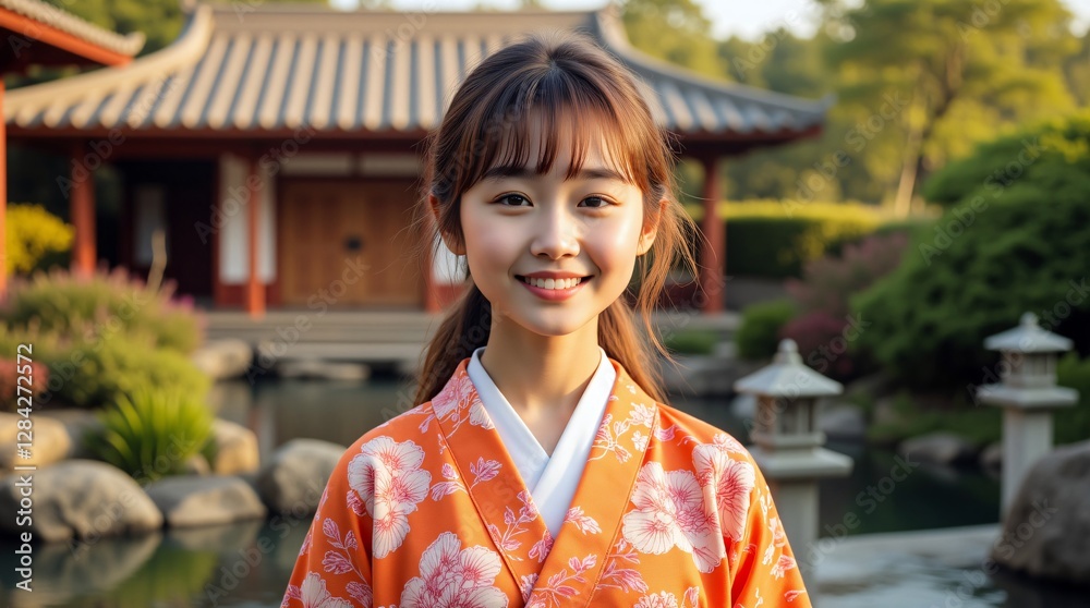 Radiant smile in a vibrant orange kimono, serene Asian garden backdrop. Peaceful atmosphere. Radiant smile in a vibrant orange kimono, serene Asian garden backdrop. Peaceful atmosphere.