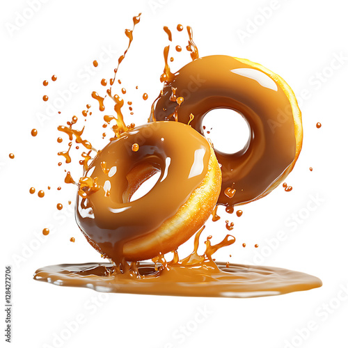 Caramel Donuts Splashing PNG Against Transparent Background for Sweet Treat Branding, Dessert Design, or Bakery Promotion photo