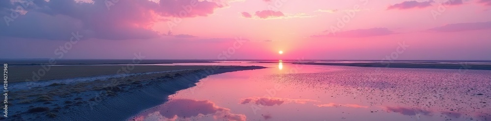 Soft pink hues dawn on the Wadden Sea's mudflats, wetland, sea Soft pink hues dawn on the Wadden Sea's mudflats, wetland, sea