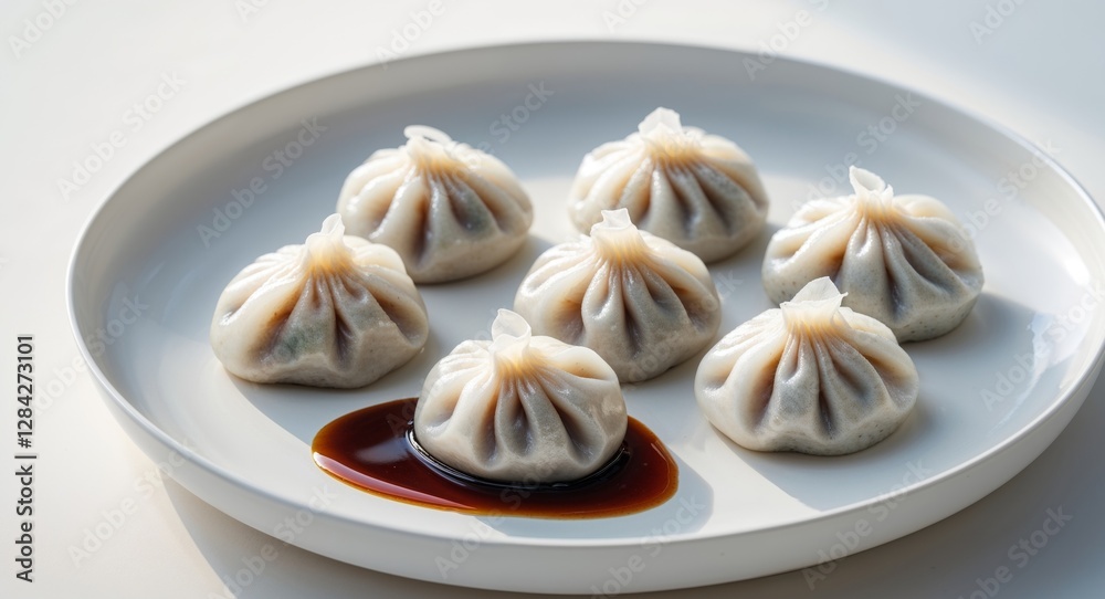 Delicious and appetizing steamed dumplings with soy sauce on white plate Delicious and appetizing steamed dumplings with soy sauce on white plate