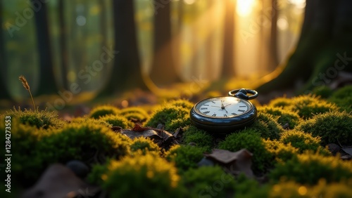 Lost hour, A forgotten pocket watch lies on mossy forest floor viewed from above in golden sunlight creating photorealistic detail.
