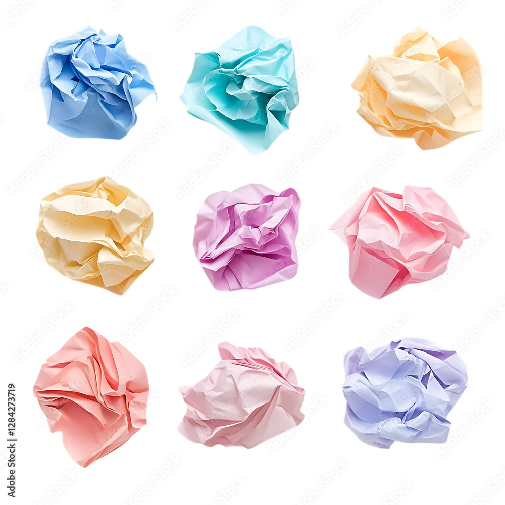 Naklejka premium Nine Pastel Colored Crumpled Paper Scraps PNG Against Transparent Background for Creative Design, Abstract Concepts, or Artistic Projects