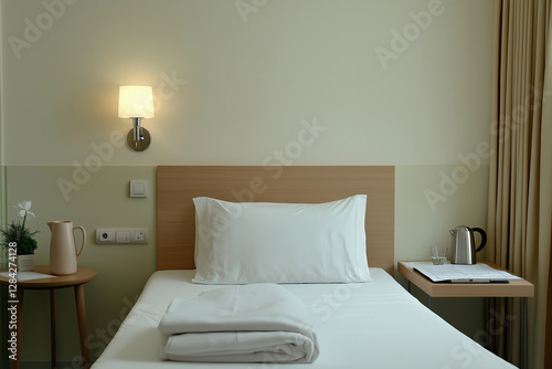 Comfortable single bed in a modern hotel room with simple decor