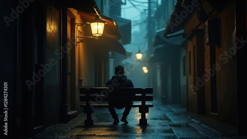 Lost hour, A traveler sits on a weathered bench in a rain-soaked alley lit by a warm streetlamp. The scene radiates nostalgia in 8K