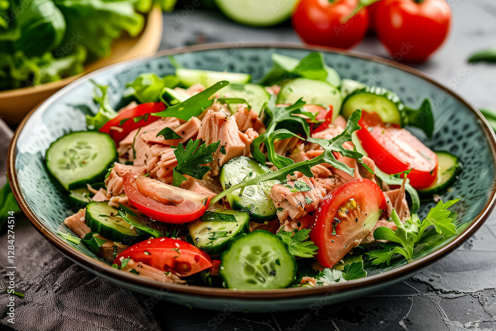 White bowl filled with a colorful salad of tomatoes, cucumbers, and fish. White bowl filled with a colorful salad of tomatoes, cucumbers, and fish.