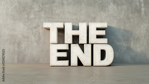 The end sign standing in a room with concrete wall