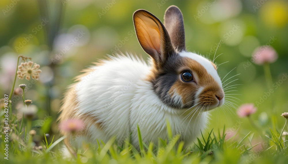 Fototapeta premium rabbit on grass, Rabbit with Brown, White, and Black Fur in a Vibrant Flower Field