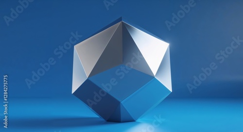 Abstract Geometric Silver Icosahedron on Blue Background.