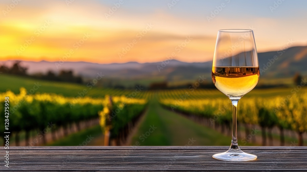Beautiful sunset over a vineyard with a glass of white wine in focus. Beautiful sunset over a vineyard with a glass of white wine in focus.
