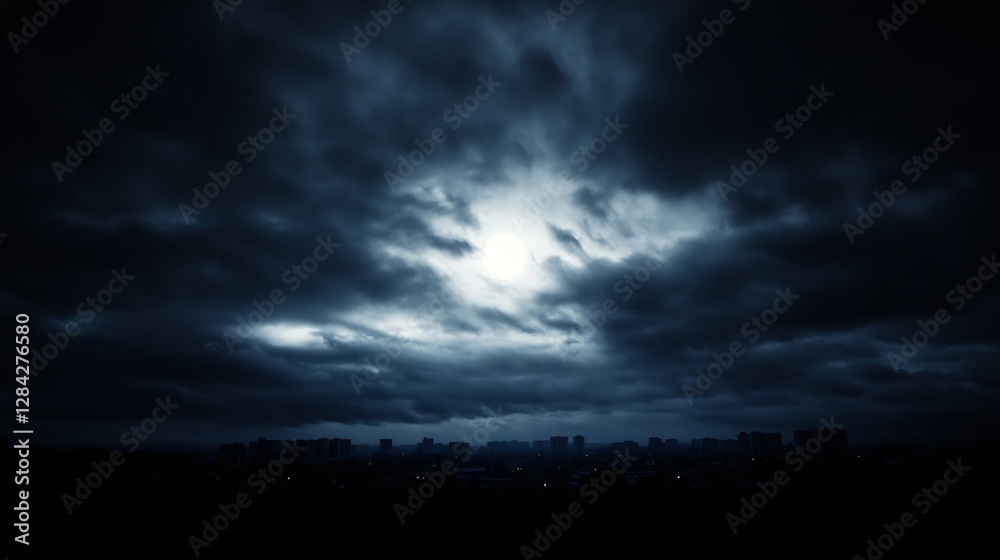 Dramatic sky over a city skyline illuminated at night with dark clouds : Generative AI Dramatic sky over a city skyline illuminated at night with dark clouds : Generative AI