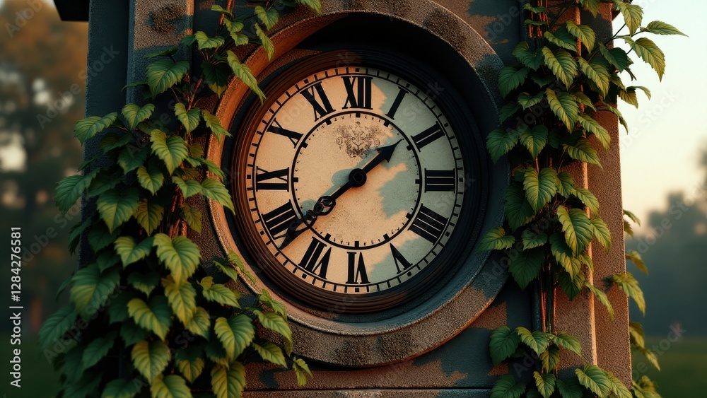 Fototapeta premium Lost hour, An abandoned clock tower with frozen time at 315 under sunset light front view overgrown with vines.