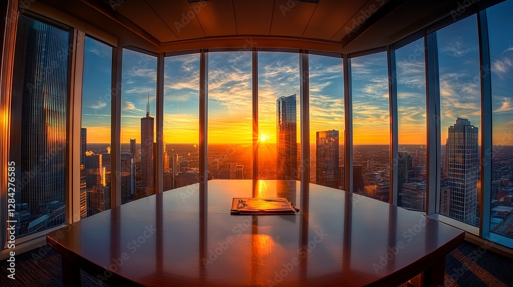 Fototapeta premium Modern Office Workspace with Laptop, Tablet, and City View