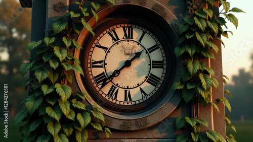 Lost hour, An abandoned clock tower with frozen time at 315 under sunset light front view overgrown with vines.