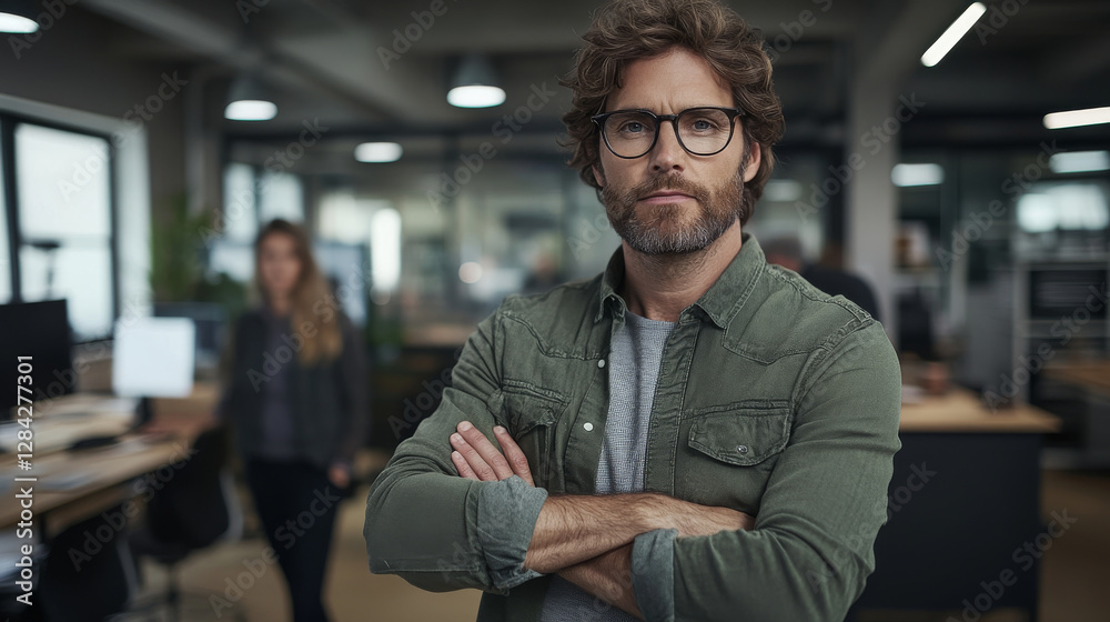 Professional man with glasses in modern office setting, arms crossed, exuding confidence and focus. Background features blurred colleagues and workstations Professional man with glasses in modern office setting, arms crossed, exuding confidence and focus. Background features blurred colleagues and workstations