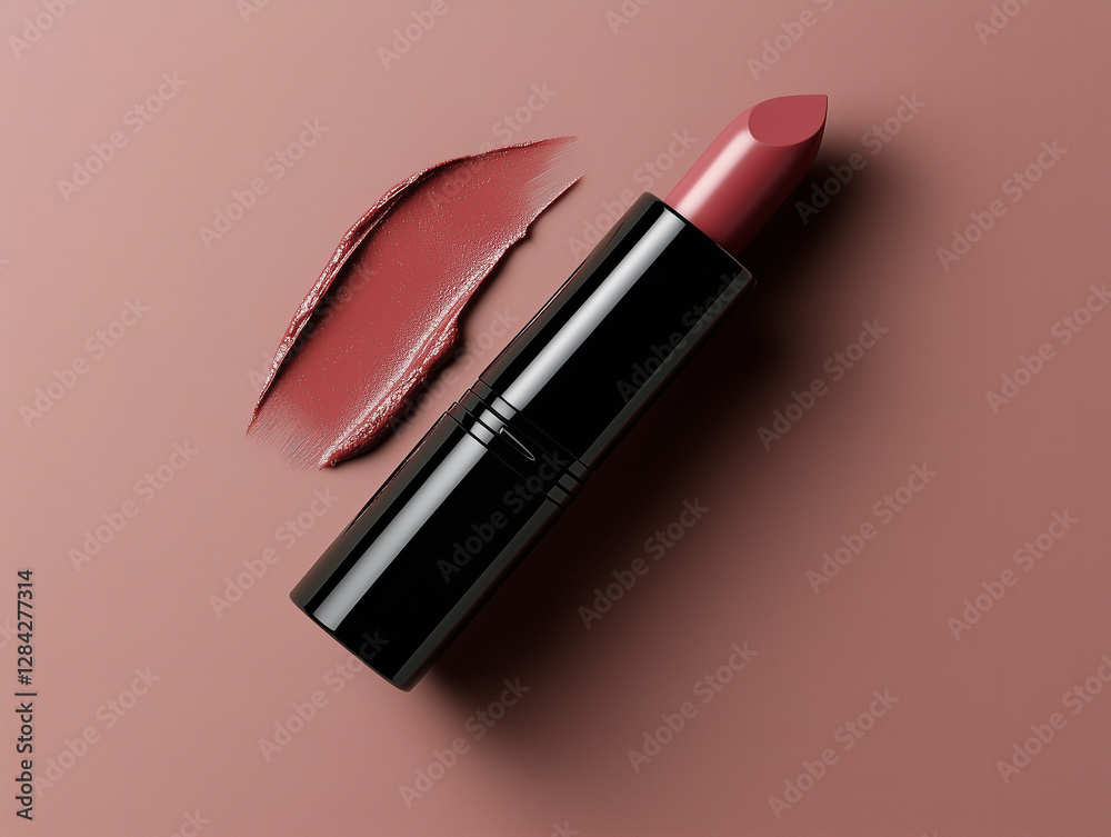 Obraz premium A chic pink lipstick with a textured swatch, showcasing its creamy formula on a soft pink background