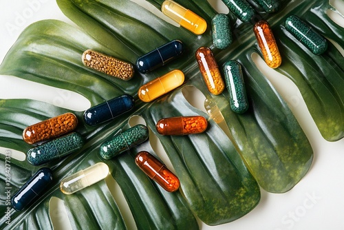 Colorful capsules on tropical leaf, health supplement display photo