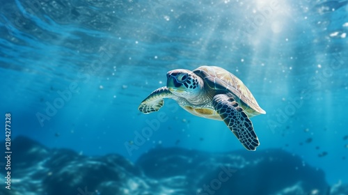 Turtle Swimming in the Sea, Sea Turtle in the Deep Ocean
