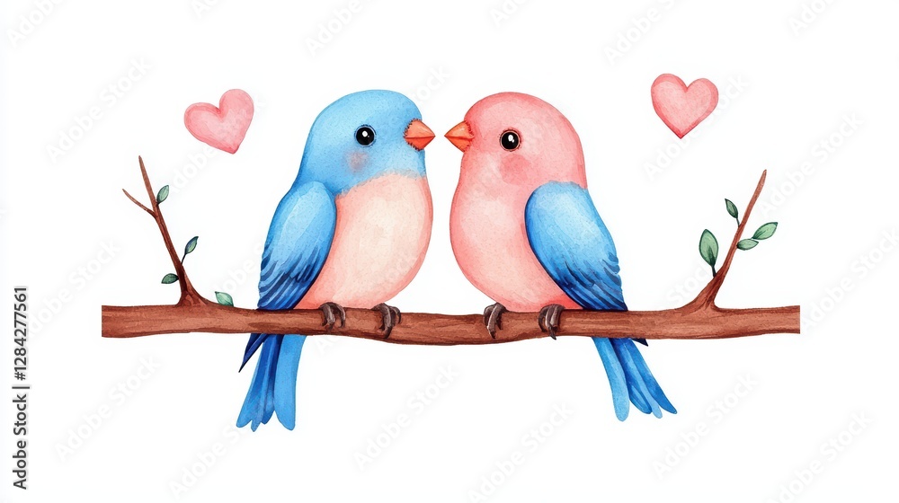 Obraz premium Watercolor Lovebirds Sitting on a Branch with Hearts Above