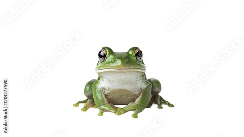 Green frog resting on a white background