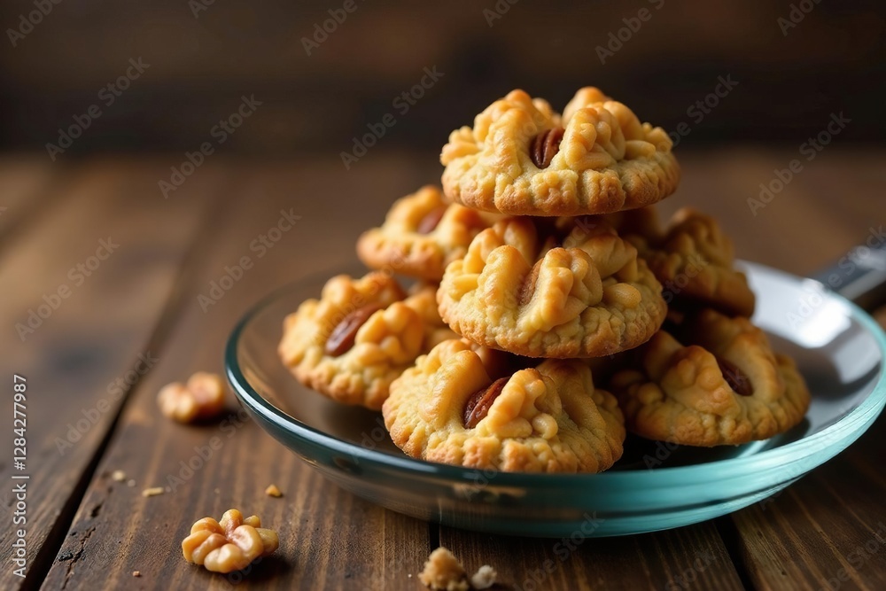 Walnut shaped biscuits stacked on a glass tray with a silver handle against a rustic wooden background, wooden table, glass tray Walnut shaped biscuits stacked on a glass tray with a silver handle against a rustic wooden background, wooden table, glass tray
