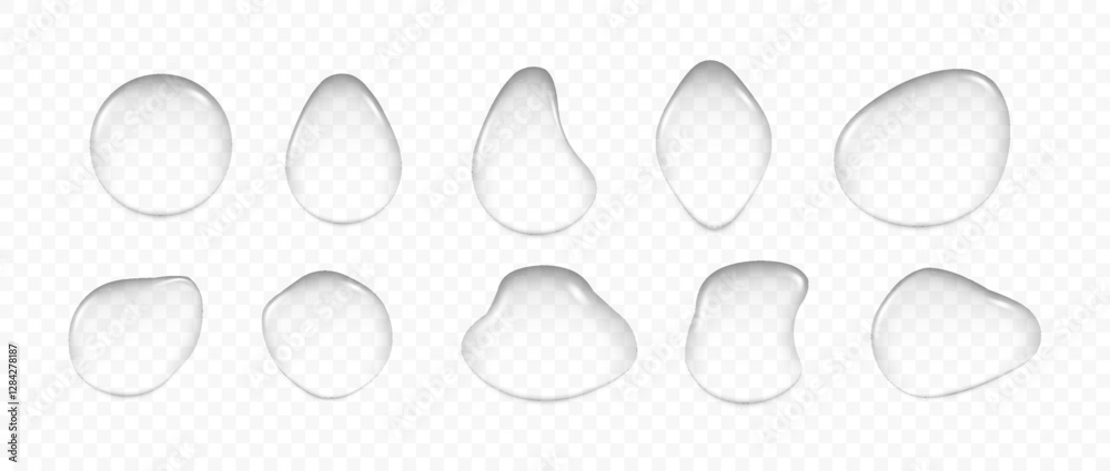 Transparent drops set isolated. Realistic wet condensation texture. Liquid spreading droplet shapes. Transparent drops set isolated. Realistic wet condensation texture. Liquid spreading droplet shapes.