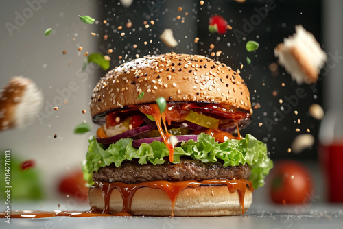 Burger in dynamic motion with flying ingredients and dripping sauce photo