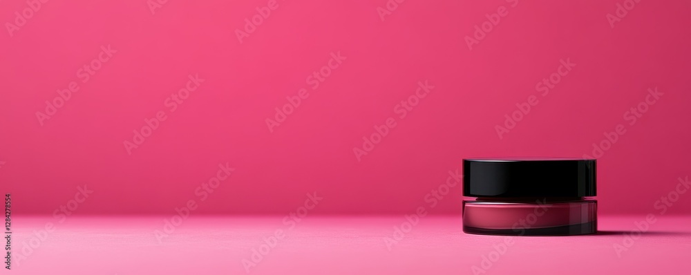 Obraz premium Sleek black cosmetic jar on vibrant pink background for skincare and beauty products