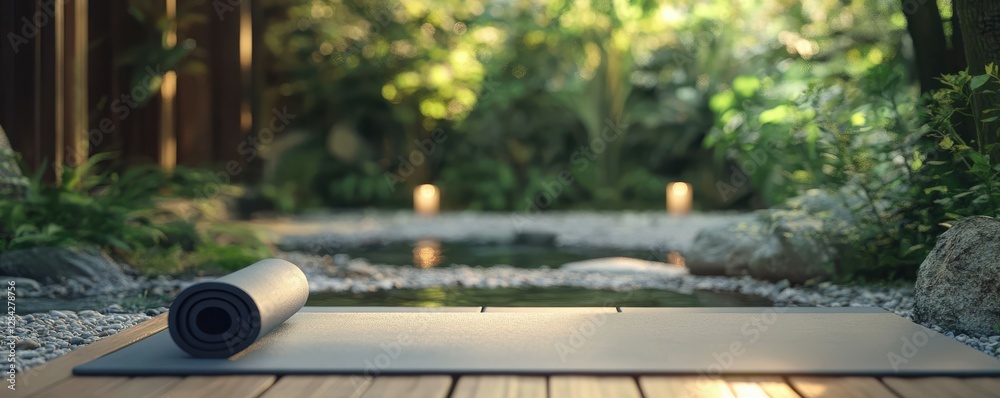 Peaceful outdoor meditation space with yoga mat by serene pond and candlelight Peaceful outdoor meditation space with yoga mat by serene pond and candlelight