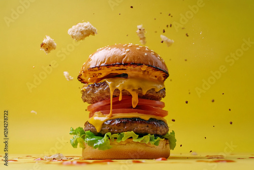 Juicy burger with flying layers and dripping sauce in motion photo