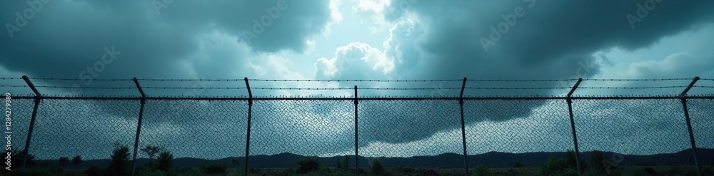 Metal sheet fence against a grey and stormy sky, brackets, barbed, stormy weather Metal sheet fence against a grey and stormy sky, brackets, barbed, stormy weather