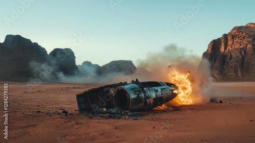 Burning spaceship wreckage in desert landscape; post-apocalyptic film scene