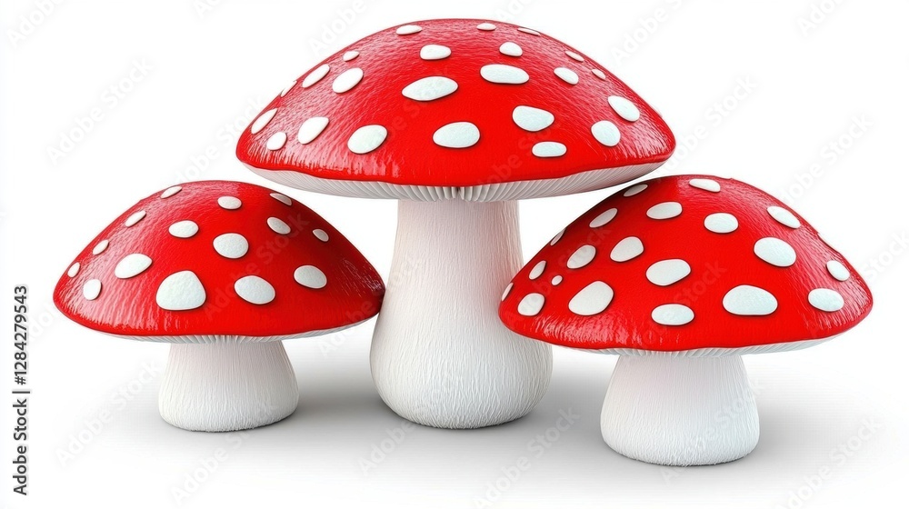 Three Vibrant Red and White Spotted Mushrooms on a Plain White Background Under Bright Lighting Three Vibrant Red and White Spotted Mushrooms on a Plain White Background Under Bright Lighting