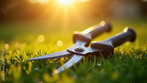 Pruning tools on grass, A close-up front view of pruning shears on dewy grass under sunrise lighting with hyper-realistic textures and bokeh eff