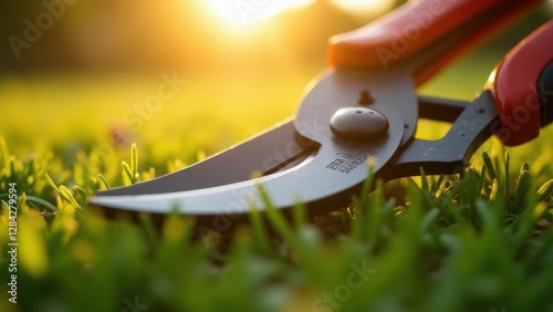 Pruning tools on grass, A close-up front view of pruning shears on dewy grass under sunrise lighting with hyper-realistic textures and bokeh eff
