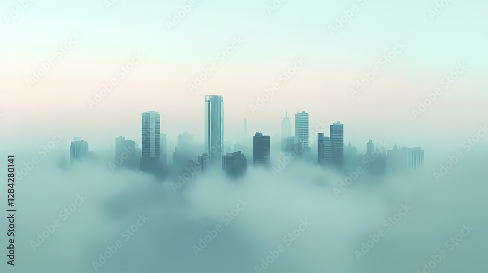 Naklejka premium Foggy city skyline, serene minimalist scene with distant skyline shrouded in soft fog, creating a tranquil and ethereal atmosphere. Ethereal City Skyline. Illustration
