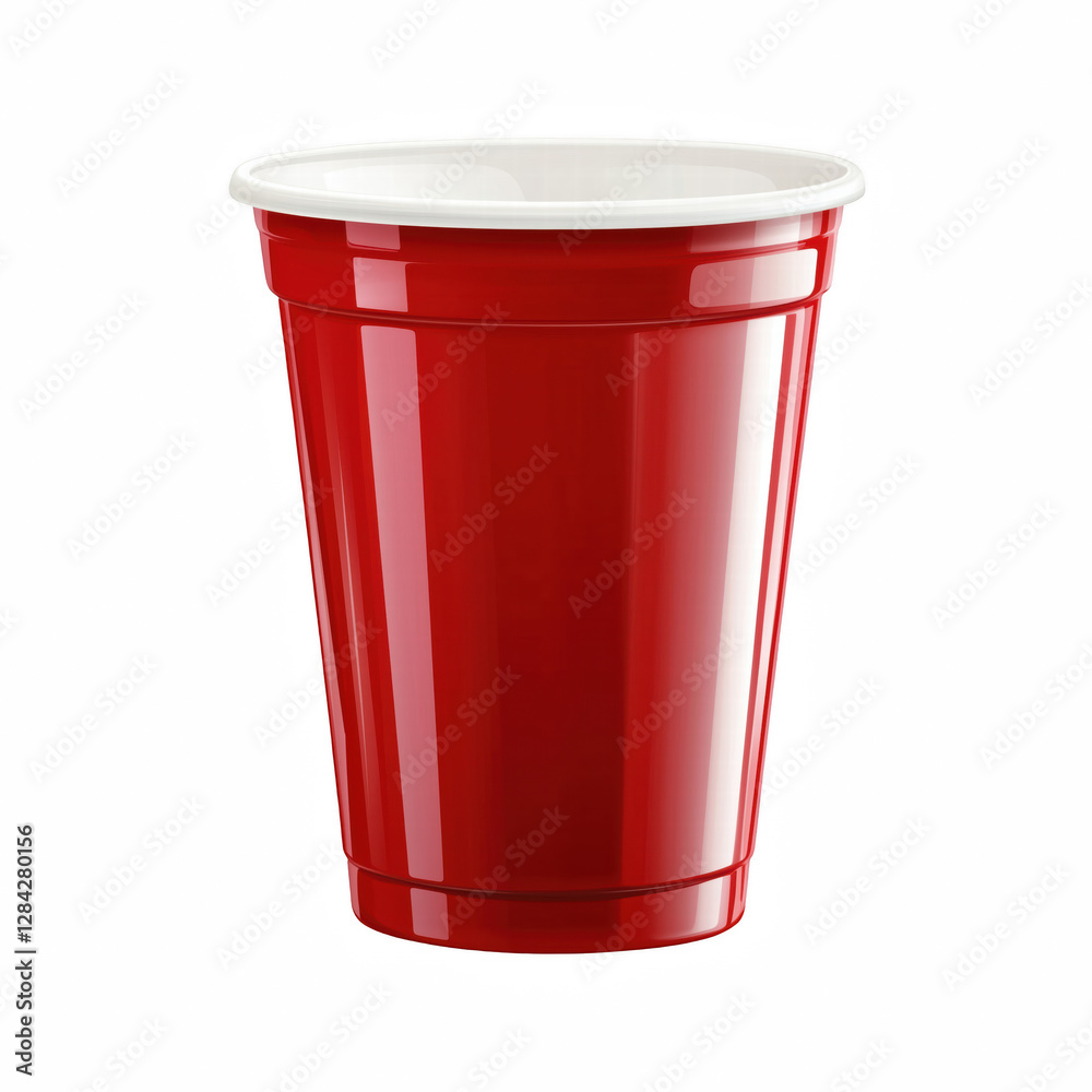 Realistic classic red plastic cup with a white rim, commonly used for parties, celebrations, and beverages, isolated on transparent background.