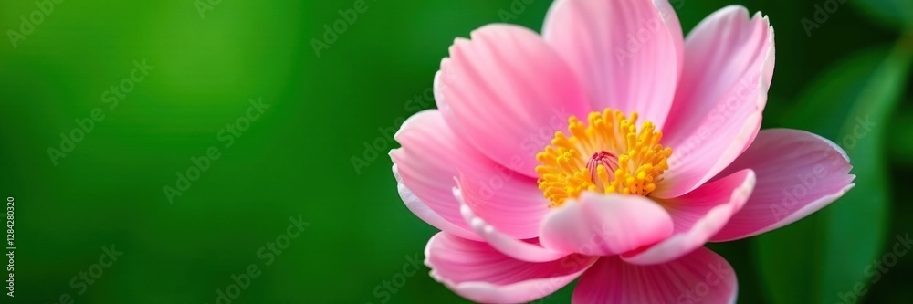 Soft pink peony with prominent yellow stamens against green background, green, soft, garden flowers Soft pink peony with prominent yellow stamens against green background, green, soft, garden flowers
