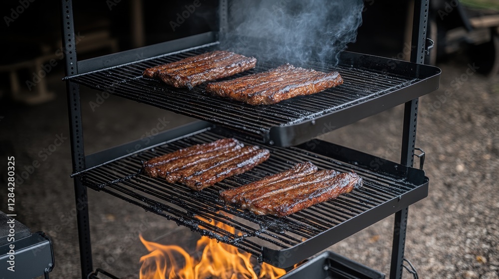 Juicy Meat Sizzling on a Black Metal Grill with Flames Underneath for an Outdoor Barbecue Juicy Meat Sizzling on a Black Metal Grill with Flames Underneath for an Outdoor Barbecue