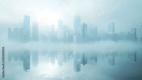 Futuristic city skyline reflected in calm water, shrouded in mist. Ethereal City Skyline. Illustration
