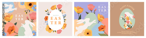 Happy Easter Set of greeting cards, posters, holiday covers. Trendy design with typography, spring hand drawn flowers, dots, eggs and bunny in pastel colors. Modern art minimalist style.