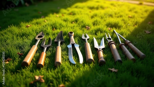 Pruning tools on grass, Bird's-eye view of pruning tools on a lush green lawn in warm afternoon sunlight with hyper-realistic textures