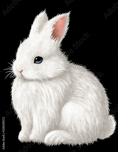 Isolated hand drawn sitting fluffy white rabbit with blue eyes