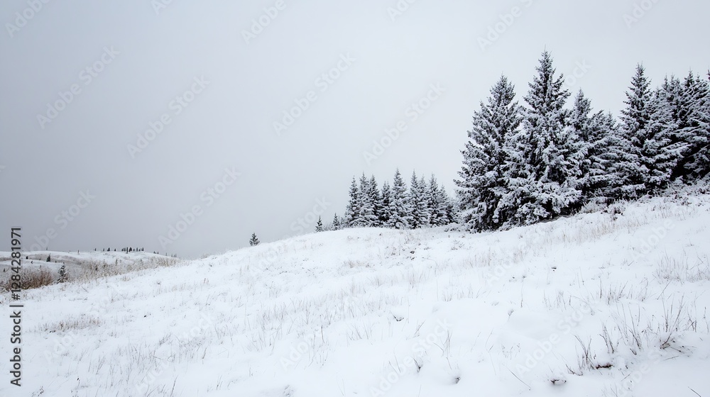 Charming winter landscape with snowcovered hills and evergreen trees providing picturesque serenity : Generative AI