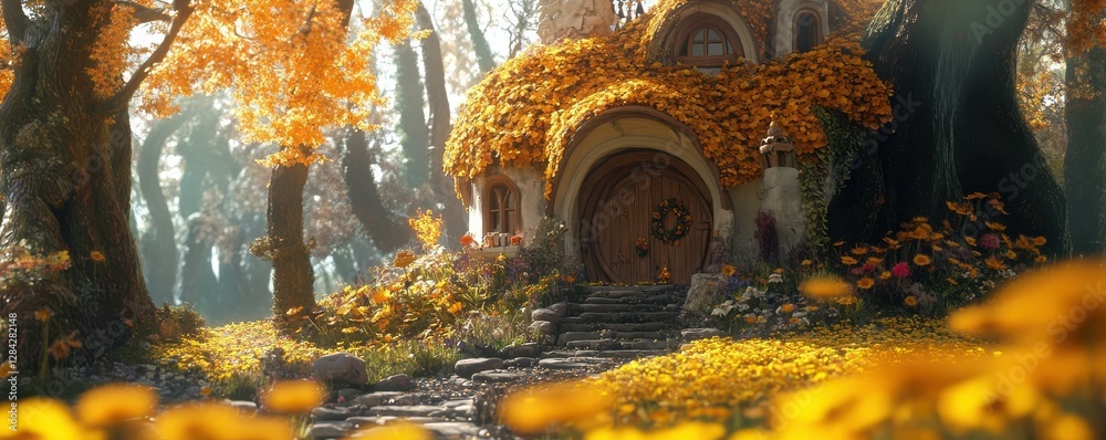 Obraz premium Enchanting autumn cottage in sunlit forest glade surrounded by vibrant foliage