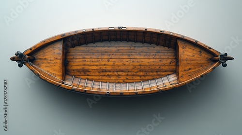 Overhead view of a vintage wooden rowboat on a neutral background.
