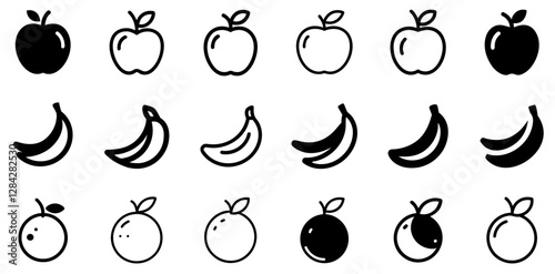 "Apple, Banana, and Orange Vector Icon Set – A Colorful and Nutritious Fruit Collection"