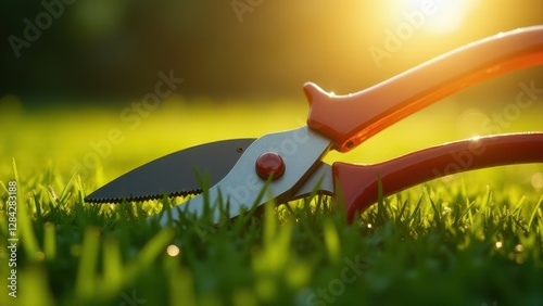 Pruning tools on grass, Close-up of pruning shears on dewy grass under morning sunlight front view hyper-realistic textures