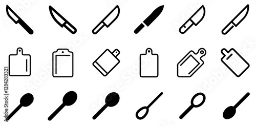 "Knife, Cutting Board, and Spoon Vector Icon Set – Essential Kitchen Tools Collection"