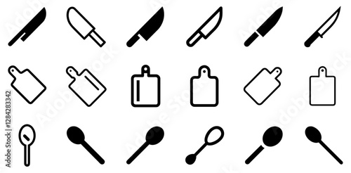 "Knife, Cutting Board, and Spoon Vector Icon Set – Essential Kitchen Tools Collection"