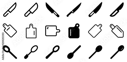 "Knife, Cutting Board, and Spoon Vector Icon Set – Essential Kitchen Tools Collection"